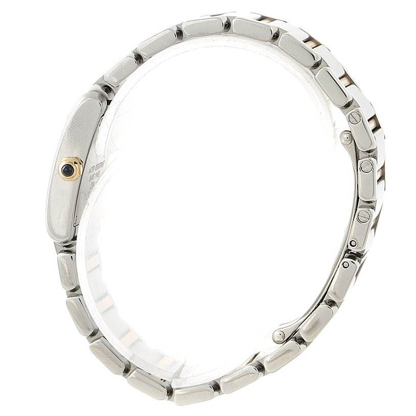 This side view of the Cartier Tank Francaise W51007Q4 Women's Steel and Gold (two tone) Silver Dial W51007Q4 Women's Steel and Gold (two tone) Silver Dial watch highlights the bracelet and side profile of the case with a visible crown.