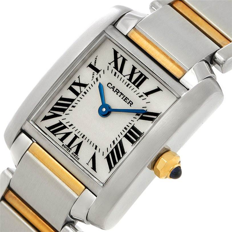 This image shows a close-up angle of the Cartier Tank Francaise W51007Q4 Women's Steel and Gold (two tone) Silver Dial W51007Q4 Women's Steel and Gold (two tone) Silver Dial watch, highlighting the face, bezel, and part of the bracelet.