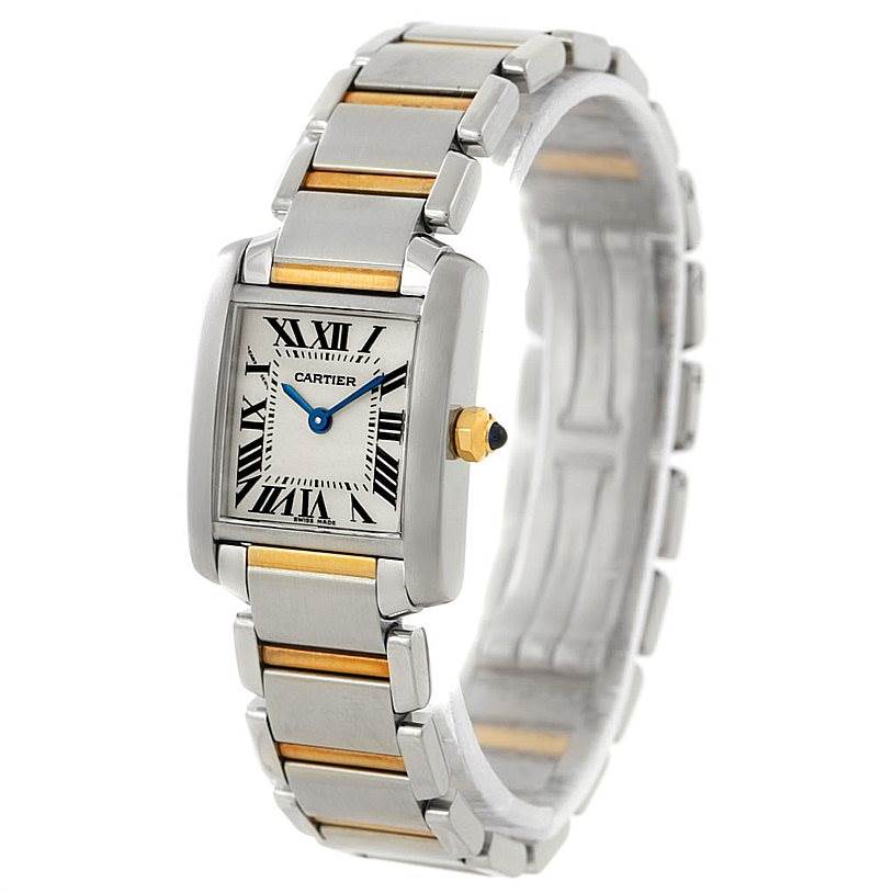 The Cartier Tank Francaise W51007Q4 Women's Steel and Gold (two tone) Silver Dial W51007Q4 Women's Steel and Gold (two tone) Silver Dial watch is shown at an oblique angle, highlighting its dial, case, and bracelet with gold accents.