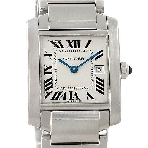 The image shows the face and part of the bracelet of a Cartier Tank Française watch.