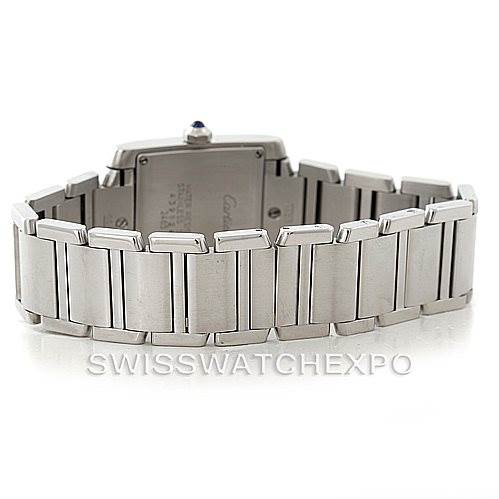 This image shows the back view of a Cartier Tank Française watch, highlighting its stainless steel bracelet and case back.