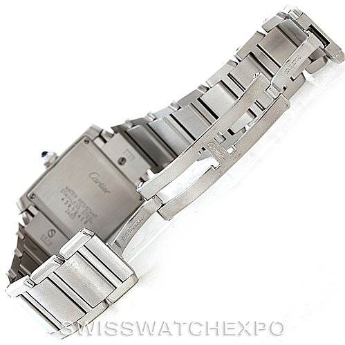 The image shows the bracelet and clasp of a Cartier Tank Francaise W51011Q3 Women's Stainless Steel Silver Dial W51011Q3 Women's Stainless Steel Silver Dial watch from a side angle.