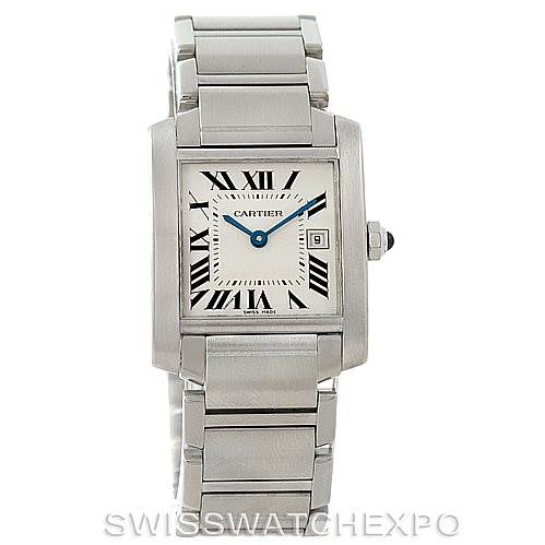 The image shows a frontal view of the Cartier Tank Francaise W51011Q3 Women's Stainless Steel Silver Dial W51011Q3 Women's Stainless Steel Silver Dial watch, displaying the dial, bracelet, and case.