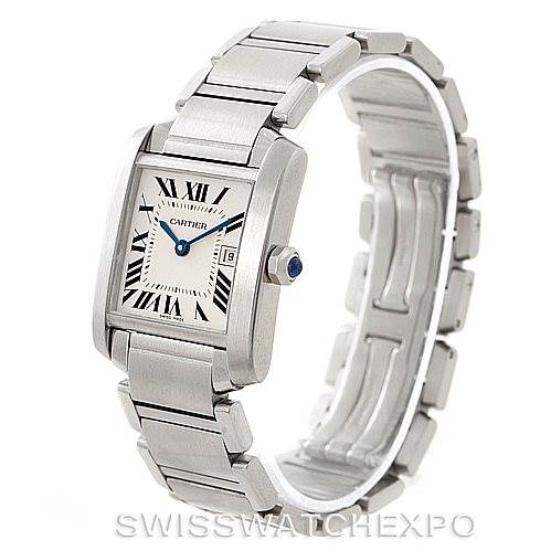 This image shows a side angle of the Cartier Tank Francaise W51011Q3 Women's Stainless Steel Silver Dial W51011Q3 Women's Stainless Steel Silver Dial watch, displaying the face, bracelet, and crown with a blue gemstone.