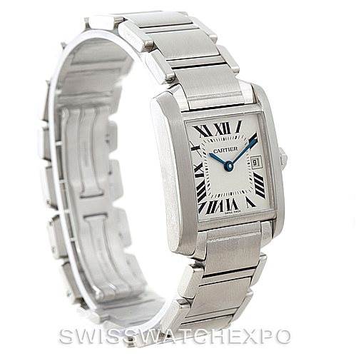 The Cartier Tank Francaise W51011Q3 Women's Stainless Steel Silver Dial W51011Q3 Women's Stainless Steel Silver Dial watch is shown at an angle, displaying its rectangular face, Roman numerals, and stainless steel bracelet.