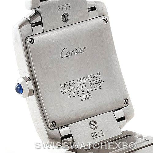 This image shows the back view of a Cartier Tank Francaise W51011Q3 Women's Stainless Steel Silver Dial W51011Q3 Women's Stainless Steel Silver Dial watch, highlighting the stainless steel casing and inscriptions.