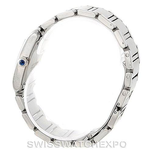 The image shows a side profile of a Cartier Tank Francaise W51011Q3 Women's Stainless Steel Silver Dial W51011Q3 Women's Stainless Steel Silver Dial watch, highlighting its bracelet and crown with a blue gem.