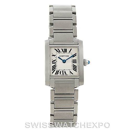 The image shows a front view of the Cartier Tank Française watch, displaying its face, bracelet, and crown.