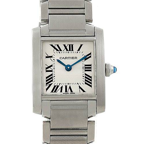 The image shows a front view of the Cartier Tank Française watch, highlighting its rectangular face, Roman numeral markers, and stainless steel bracelet.