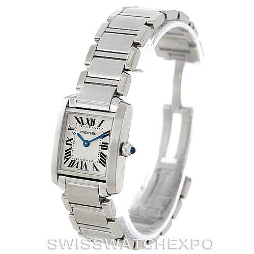 The image shows a Cartier Tank Française watch at a diagonal angle, highlighting its bracelet and rectangular dial.
