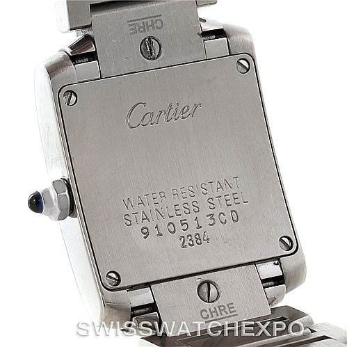 The image shows the back case of a Cartier Tank Francaise W51008Q3 Women's Stainless Steel Silver Dial W51008Q3 Women's Stainless Steel Silver Dial watch, highlighting its engravings and stainless steel strap.