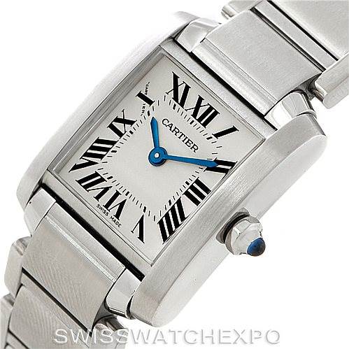 The image shows a close-up, angled view of the Tank Francaise model by Cartier, highlighting the dial, case, and part of the bracelet.