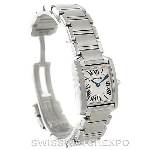 The image shows a Cartier Tank Française watch, showcasing the face, bracelet, and clasp at a slight angle.