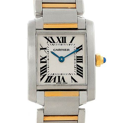 This Cartier Tank Française watch is shown from a front angle, highlighting its rectangular dial, Roman numerals, and two-tone bracelet.