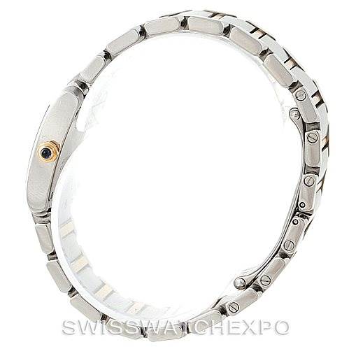 The image shows a side profile view of the Cartier Tank Francaise W51007Q4 Women's Steel and Gold (two tone) Silver Dial W51007Q4 Women's Steel and Gold (two tone) Silver Dial watch highlighting its bracelet and crown.