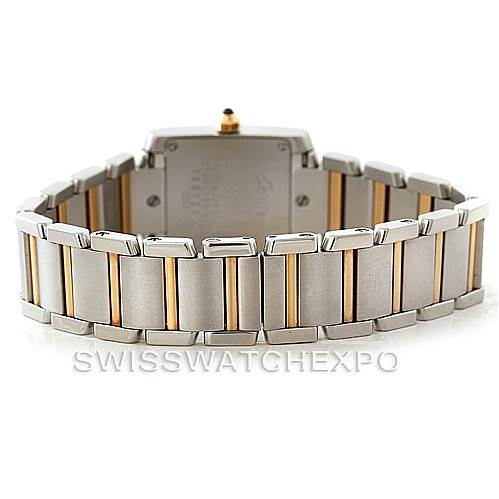 This image shows the back of the Cartier Tank Francaise W51007Q4 Women's Steel and Gold (two tone) Silver Dial W51007Q4 Women's Steel and Gold (two tone) Silver Dial watch, highlighting its two-tone bracelet and case back.