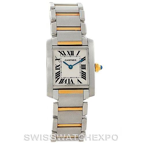 The image shows a front view of the Cartier Tank Francaise W51007Q4 Women's Steel and Gold (two tone) Silver Dial W51007Q4 Women's Steel and Gold (two tone) Silver Dial watch, highlighting its silver and gold bracelet, rectangular face, and Roman numerals.