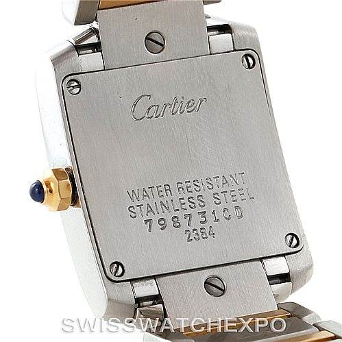 This image shows the back case of a Cartier Tank Francaise W51007Q4 Women's Steel and Gold (two tone) Silver Dial W51007Q4 Women's Steel and Gold (two tone) Silver Dial watch, highlighting its water resistance and stainless steel.