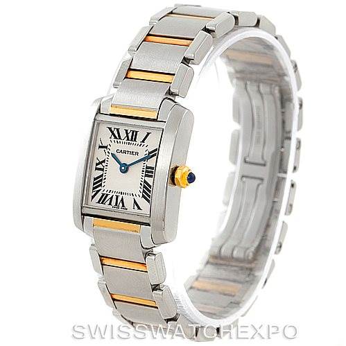 This image shows the Cartier Tank Francaise W51007Q4 Women's Steel and Gold (two tone) Silver Dial W51007Q4 Women's Steel and Gold (two tone) Silver Dial watch at a side angle, displaying its face, crown, and bracelet.