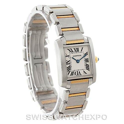 The Cartier Tank Francaise W51007Q4 Women's Steel and Gold (two tone) Silver Dial W51007Q4 Women's Steel and Gold (two tone) Silver Dial watch is shown from a front and side angle, displaying its silver and gold-toned bracelet and rectangular dial.
