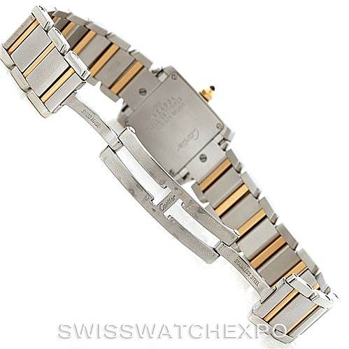 The Cartier Tank Francaise W51007Q4 Women's Steel and Gold (two tone) Silver Dial W51007Q4 Women's Steel and Gold (two tone) Silver Dial watch is shown from the back, highlighting the clasp and the two-tone bracelet.
