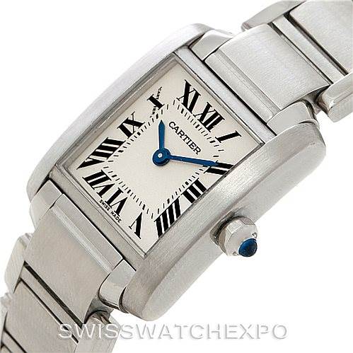 The image shows a close-up angled view of the Cartier Tank Francaise W51008Q3 Women's Stainless Steel Silver Dial W51008Q3 Women's Stainless Steel Silver Dial watch, highlighting its face, crown, and part of the bracelet.