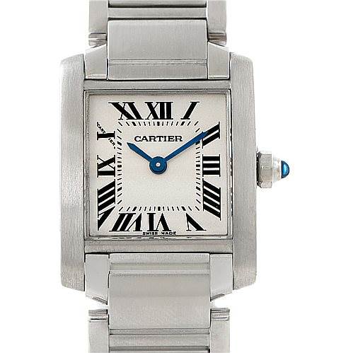 The image shows a front view of the Cartier Tank Francaise W51008Q3 Women's Stainless Steel Silver Dial W51008Q3 Women's Stainless Steel Silver Dial watch, highlighting its face, hands, and part of the bracelet.