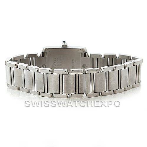 This image shows the back view of a Cartier Tank Francaise W51008Q3 Women's Stainless Steel Silver Dial W51008Q3 Women's Stainless Steel Silver Dial watch, highlighting its stainless steel bracelet and clasp.