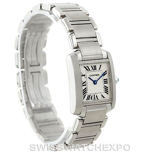 This image shows a Cartier Tank Francaise W51008Q3 Women's Stainless Steel Silver Dial W51008Q3 Women's Stainless Steel Silver Dial watch from a three-quarter angle, highlighting its rectangular face and metal bracelet.