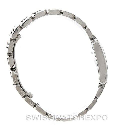 The image shows a side view of a Cartier Tank Francaise W51008Q3 Women's Stainless Steel Silver Dial W51008Q3 Women's Stainless Steel Silver Dial watch, highlighting its sleek metal bracelet.