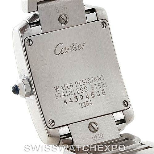 This image shows the back of a Cartier Tank Française watch, displaying its case back and part of the strap.