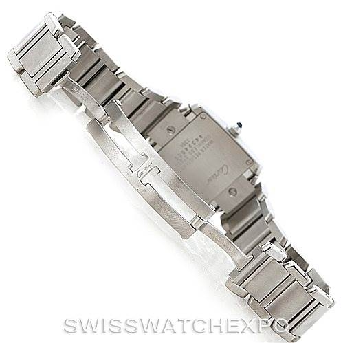 The image shows the back and clasp area of the Cartier Tank Française watch, highlighting the metal bracelet and deployment clasp.