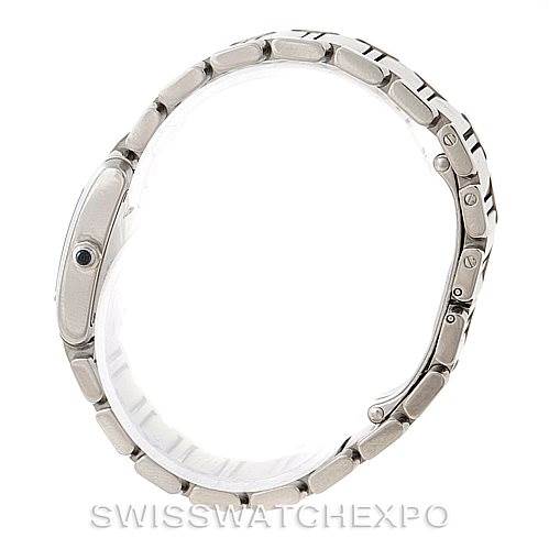 The image shows a side view of the Cartier Tank Française watch, highlighting the side profile and bracelet links.