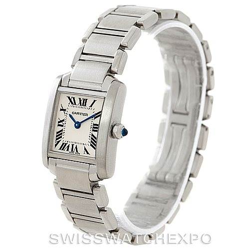The image shows a Cartier Tank Francaise W51008Q3 Women's Stainless Steel Silver Dial W51008Q3 Women's Stainless Steel Silver Dial watch with a view of the face, bracelet, and crown from a front-side angle.