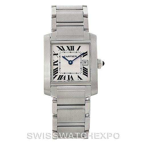 This image shows a frontal view of the Cartier Tank Française watch, displaying its case, dial, bracelet, and crown.