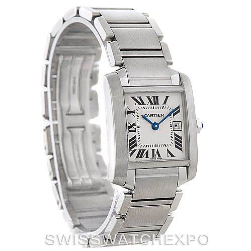 This image shows a side angle of the Tank Francaise watch by Cartier, highlighting the face, bracelet, and clasp.