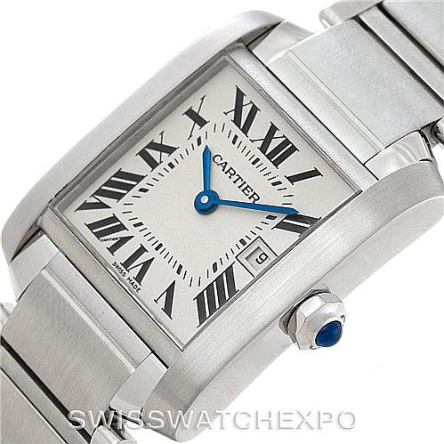 The image shows a close-up of the dial, crown, and part of the bracelet of a Cartier Tank Francaise W51011Q3 Women's Stainless Steel Silver Dial W51011Q3 Women's Stainless Steel Silver Dial watch.