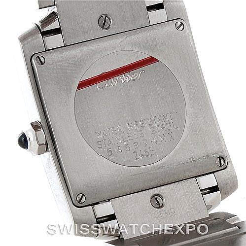 The image shows the back view of a Cartier Tank Française watch, focusing on the stainless steel case back and part of the bracelet.