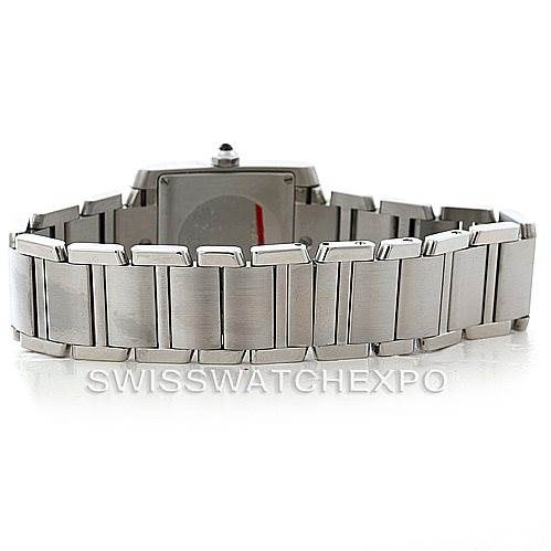 This image shows the back view of the Cartier Tank Francaise W51011Q3 Women's Stainless Steel Silver Dial W51011Q3 Women's Stainless Steel Silver Dial watch, focusing on its stainless steel bracelet and clasp.