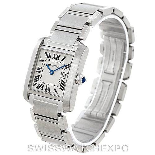 The image shows a Tank Francaise model watch by Cartier at an angle displaying its face, bracelet, and crown.