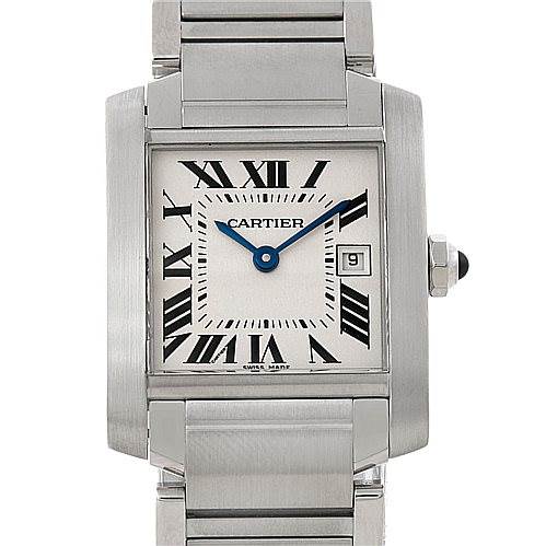 The image shows a Tank Francaise watch by Cartier from a front angle, highlighting its dial, case, and bracelet.