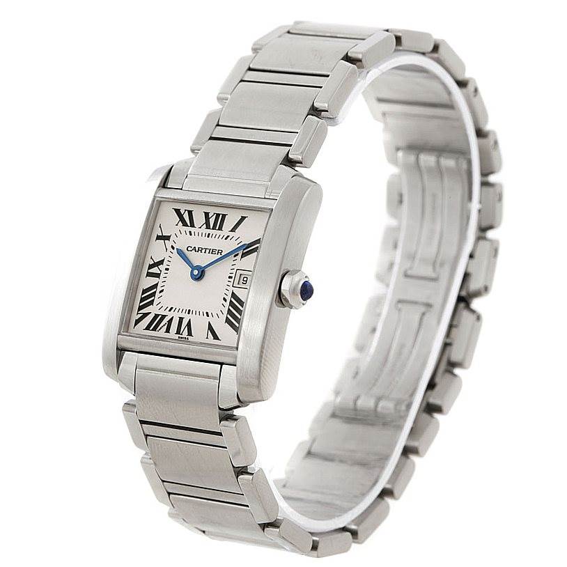 The Cartier Tank Francaise W51011Q3 Women's Stainless Steel Silver Dial W51011Q3 Women's Stainless Steel Silver Dial watch is shown at an angle highlighting its face, band, and side crown.
