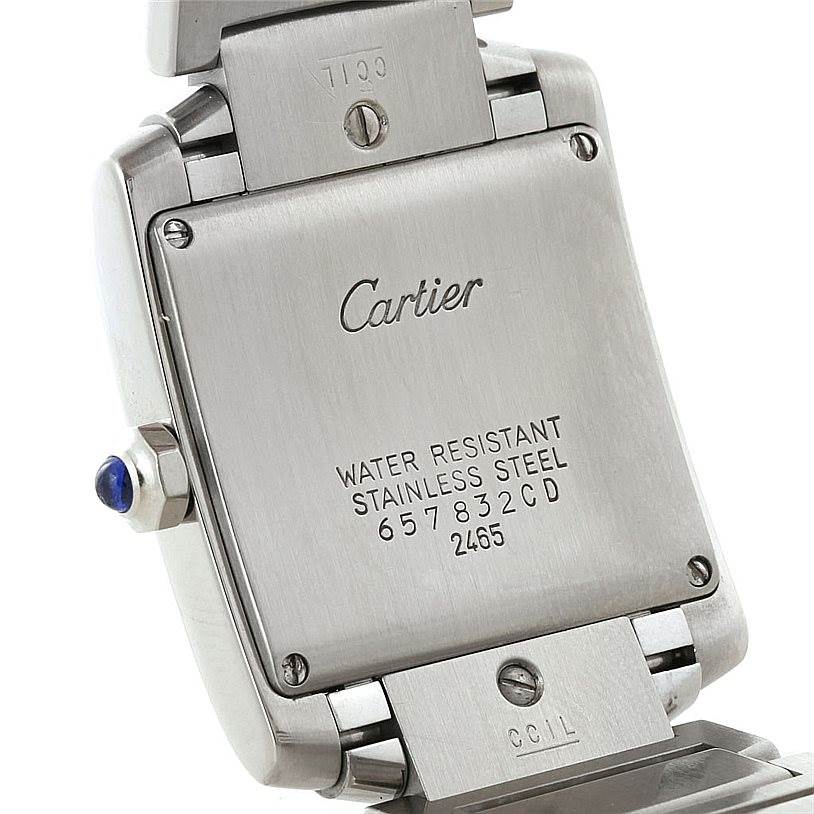 This image shows the back casing of a Cartier Tank Francaise W51011Q3 Women's Stainless Steel Silver Dial W51011Q3 Women's Stainless Steel Silver Dial watch, highlighting the water resistance and stainless steel designation.