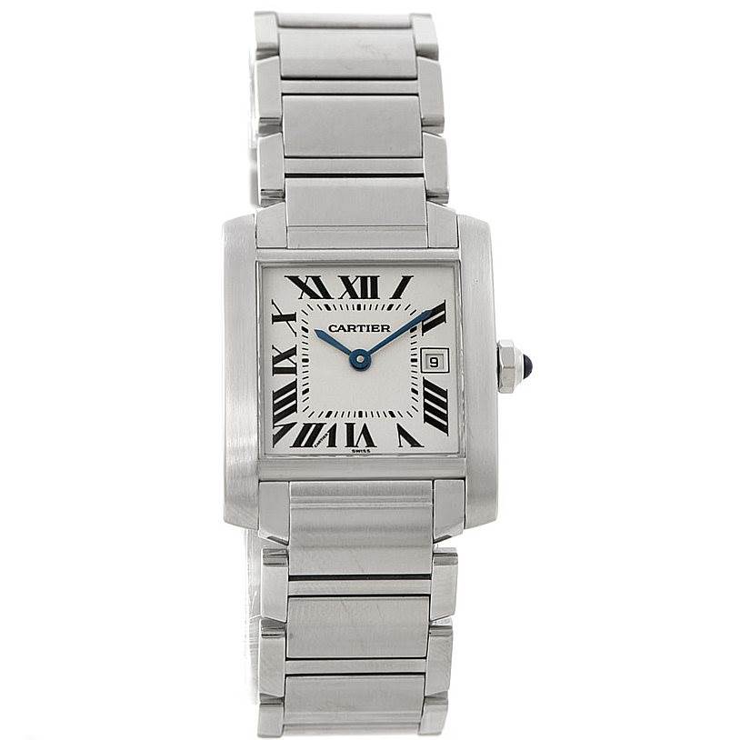 This Cartier Tank Française watch is shown from a front angle, highlighting its face, bracelet, and Roman numeral dial.