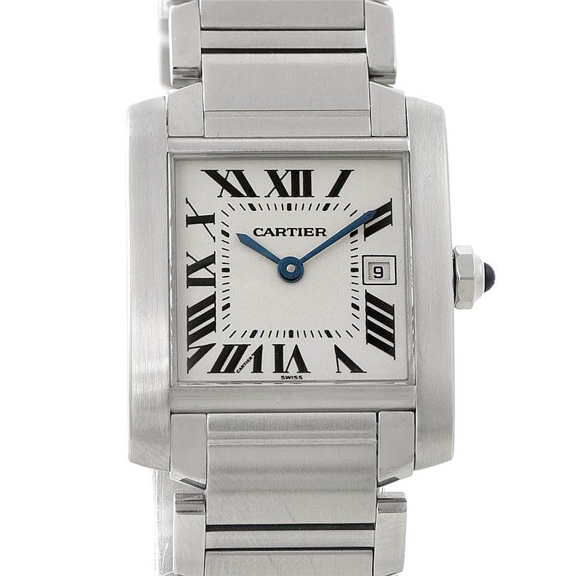 The image shows a Cartier Tank Francaise W51011Q3 Women's Stainless Steel Silver Dial W51011Q3 Women's Stainless Steel Silver Dial watch face and part of its metal bracelet, viewed from the front.
