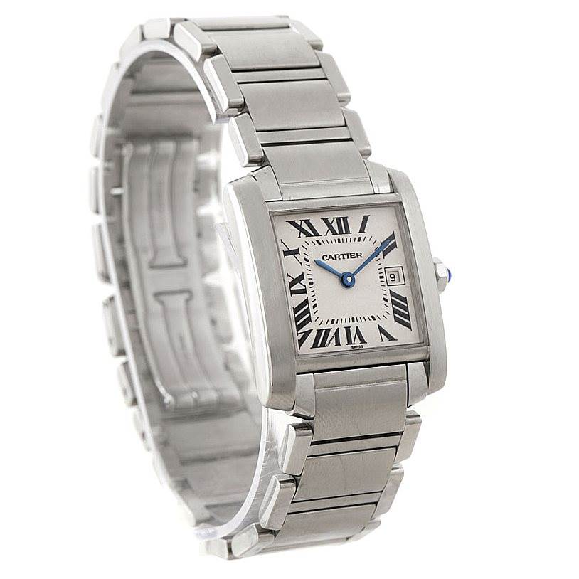 This image shows a Cartier Tank Francaise W51011Q3 Women's Stainless Steel Silver Dial W51011Q3 Women's Stainless Steel Silver Dial watch at an angle displaying the face, bracelet, and part of the bezel.