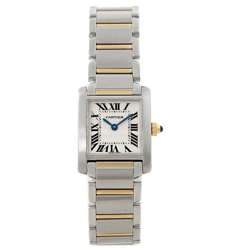 The Cartier Tank Française watch is shown in a front view, highlighting its rectangular face and two-tone metal bracelet.