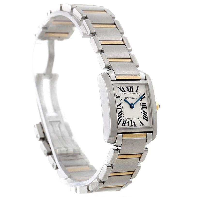 The image shows a side angle of the Cartier Tank Francaise W51007Q4 Women's Steel and Gold (two tone) Silver Dial W51007Q4 Women's Steel and Gold (two tone) Silver Dial watch, highlighting its stainless steel and gold bracelet and square dial.
