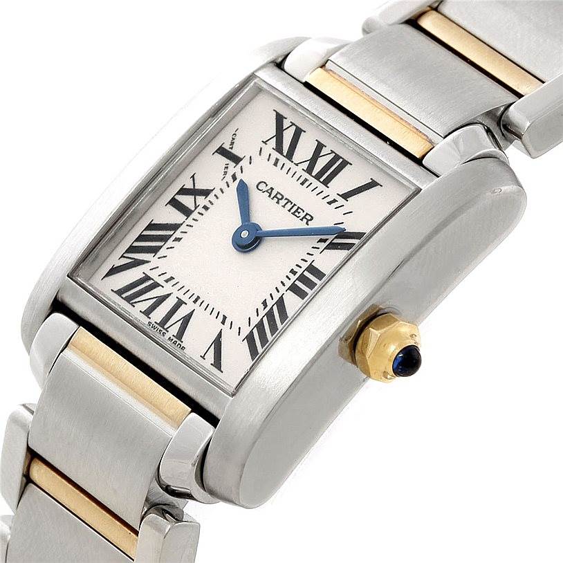 The Cartier Tank Francaise W51007Q4 Women's Steel and Gold (two tone) Silver Dial W51007Q4 Women's Steel and Gold (two tone) Silver Dial watch is shown from an oblique angle displaying the face, crown, and part of the bracelet.
