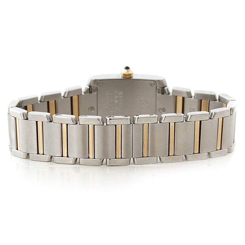 The image shows the back of a Cartier Tank Francaise W51007Q4 Women's Steel and Gold (two tone) Silver Dial W51007Q4 Women's Steel and Gold (two tone) Silver Dial watch, highlighting the stainless steel and gold bracelet.